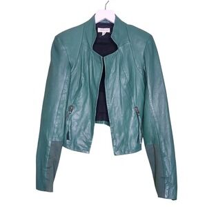 Improvd Teal Leather Jacket Short Moto Zip Pockets XS